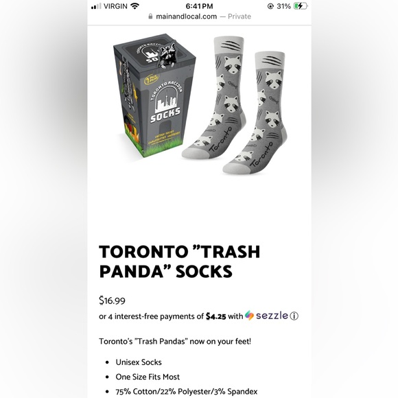 FREE ADD-ON!! 🆓 NWT - Toronto Raccoon socks! Grey, 75% cotton, unisex. - Picture 2 of 6